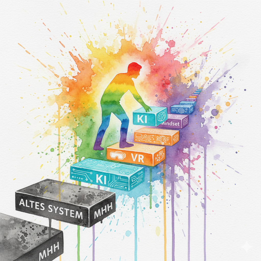 Eine Person baut ihren eigenen Weg aus alten (Therapie) und neuen (KI, VR, Mindset) Bausteinen. Symbol für die individuelle Recovery der Zukunft.