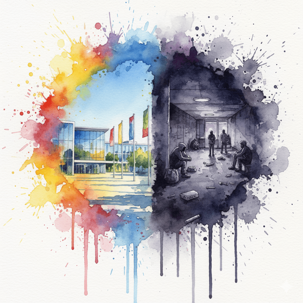 Geteiltes Bild: Links die saubere Hannover-Messe, rechts die harte Drogenszene am Raschplatz. Symbol für die zwei Gesichter der Stadt.