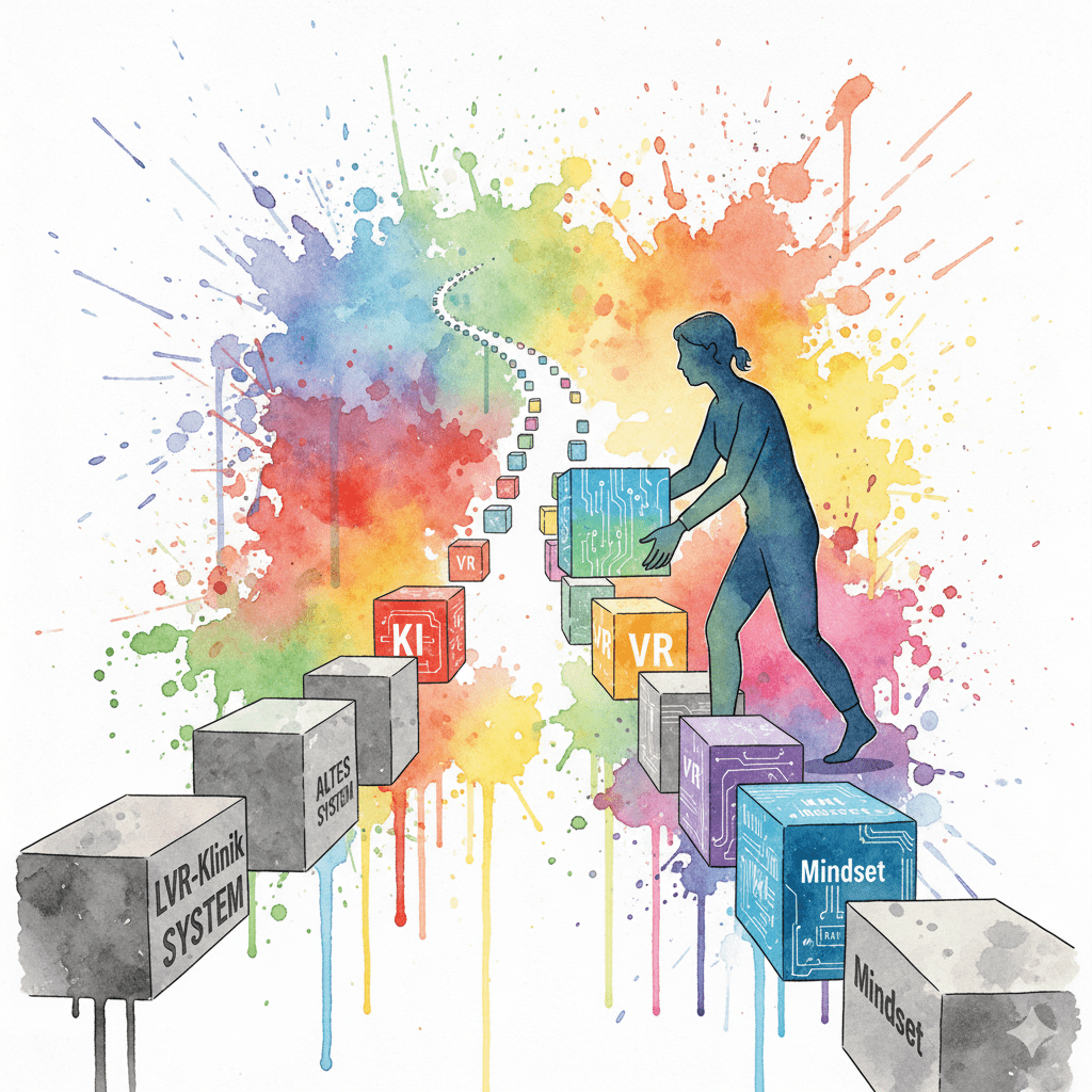 Eine Person baut ihren eigenen Weg aus alten (Therapie) und neuen (KI, VR, Mindset) Bausteinen. Symbol für die individuelle Recovery der Zukunft.