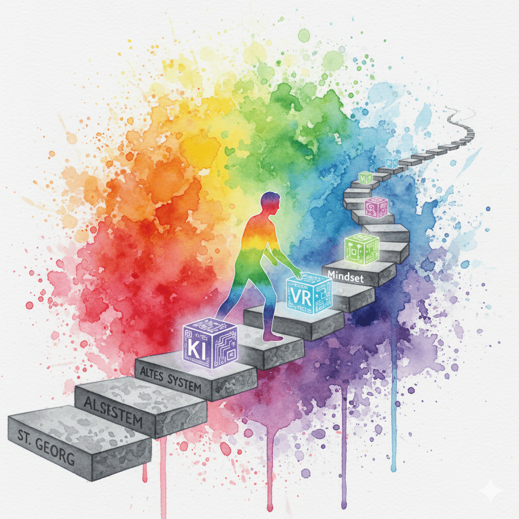 Eine Person baut ihren eigenen Weg aus alten (Klinik) und neuen (KI, VR, Mindset) Bausteinen. Symbol für die individuelle Recovery der Zukunft.