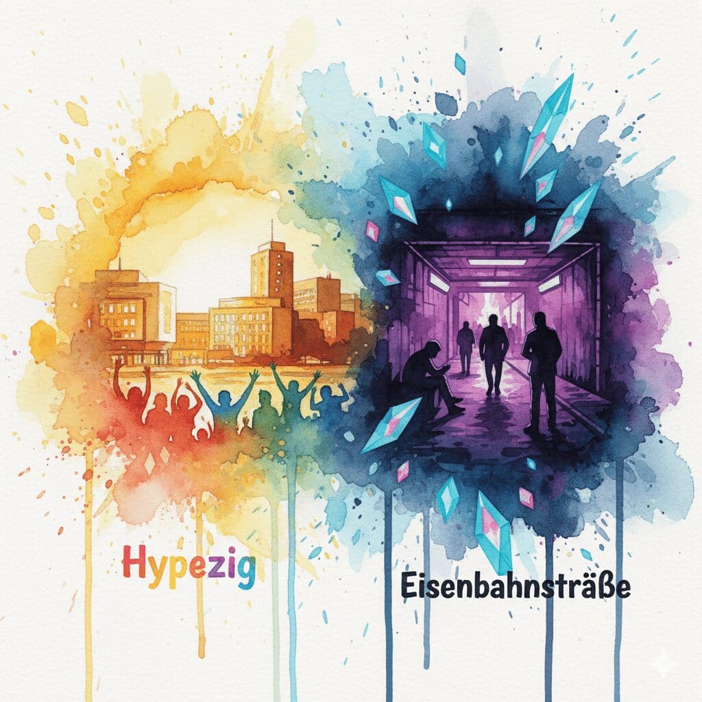 Geteiltes Bild: Links das moderne Leipzig, rechts die harte Crystal-Szene in der Eisenbahnstraße. Symbol für die zwei Gesichter der Stadt.