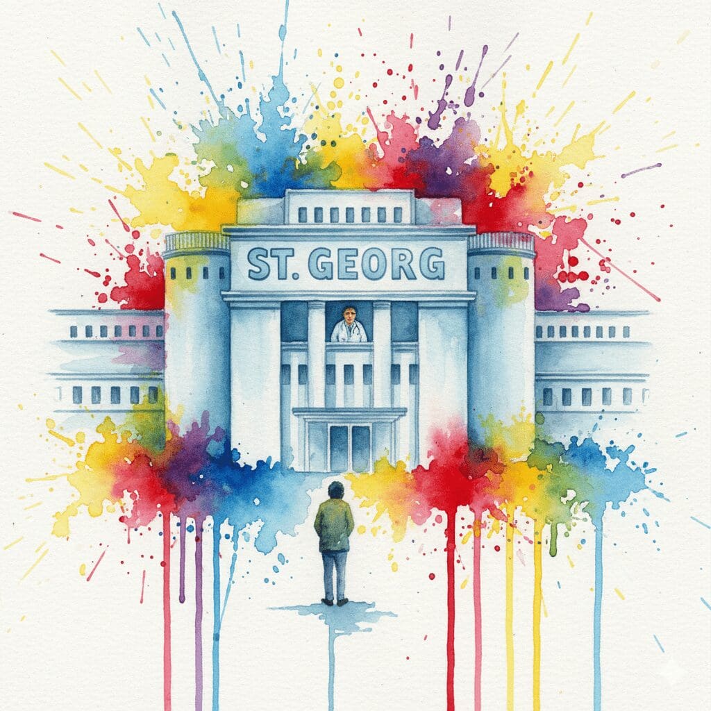 Ein Süchtiger steht zögernd vor einer riesigen Klinik-Festung. Symbol für die "Weißkittel-Hürde" im Leipziger System.