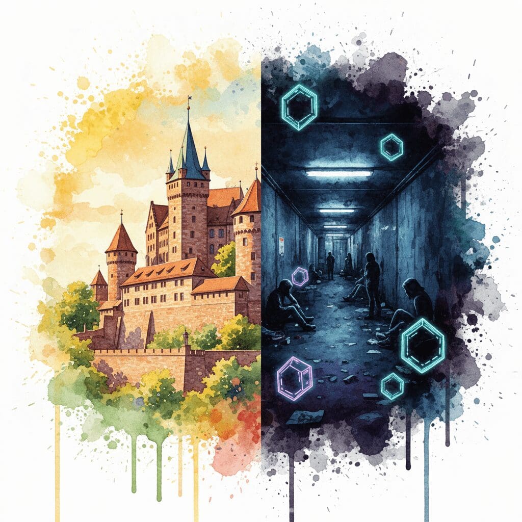 Geteiltes Bild: Links die Nürnberger Burg, rechts die Drogenszene in der Königstorpassage. Symbol für die zwei Gesichter der Stadt.