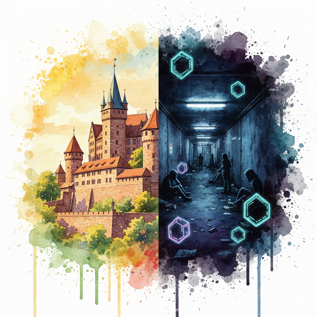 Geteiltes Bild: Links die Nürnberger Burg, rechts die Drogenszene in der Königstorpassage. Symbol für die zwei Gesichter der Stadt.