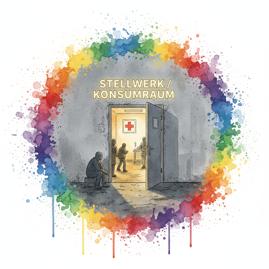 Der Drogenkonsumraum "Stellwerk" als sicherer Hafen in der grauen Betonwüste. Symbol für Überlebenshilfe.