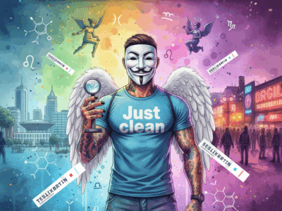 Titelbild "Suchtberatung Bochum". NeelixberliN Figur prüft mit Mikroskop die gespaltene Stadt (Uni vs. Springerplatz). Fentanyl-Symbole schweben im Bild.