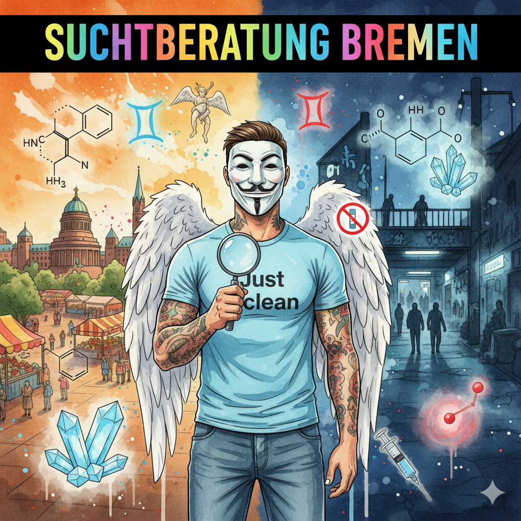 Titelbild "SUCHTBERATUNG BREMEN". Die NeelixberliN-Figur hält eine Lupe vor die geteilte Skyline von Bremen (Stadtmusikanten vs. Bahnhofs-Drogenszene). Crack- und Fentanyl-Symbole sowie ein durchgestrichenes Drugchecking-Symbol schweben im Bild.
