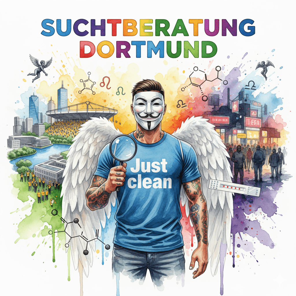 Titelbild "SUCHTBERATUNG DORTMUND". Die NeelixberliN-Figur hält eine Lupe vor die geteilte Skyline von Dortmund (Signal Iduna Park vs. Nordstadt-Drogenszene). Crack- und Fentanyl-Symbole schweben im Bild.