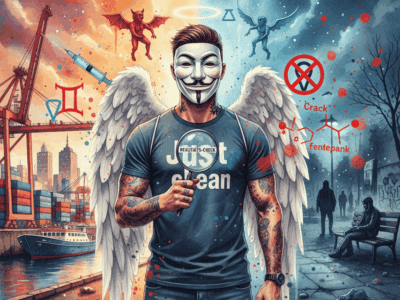 Titelbild "SUCHTBERATUNG DUISBURG". Die NeelixberliN-Figur hält eine Lupe vor die geteilte Skyline von Duisburg (Hafen vs. Kantpark-Drogenszene). Crack- und Fentanyl-Symbole sowie ein durchgestrichenes Drugchecking-Symbol schweben im Bild.