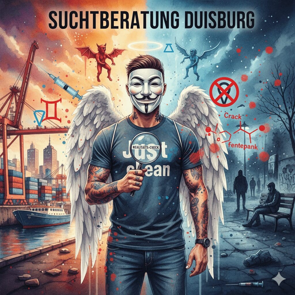 Titelbild "SUCHTBERATUNG DUISBURG". Die NeelixberliN-Figur hält eine Lupe vor die geteilte Skyline von Duisburg (Hafen vs. Kantpark-Drogenszene). Crack- und Fentanyl-Symbole sowie ein durchgestrichenes Drugchecking-Symbol schweben im Bild.