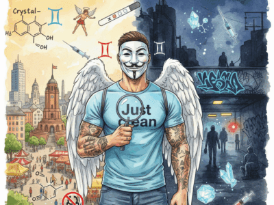 Titelbild "SUCHTBERATUNG LEIPZIG". Die NeelixberliN-Figur hält eine Lupe vor die geteilte Skyline von Leipzig (Uni-Riese vs. Eisenbahnstraße-Drogenszene). Crystal-Meth- und Fentanyl-Symbole sowie ein durchgestrichenes Drugchecking-Symbol schweben im Bild.