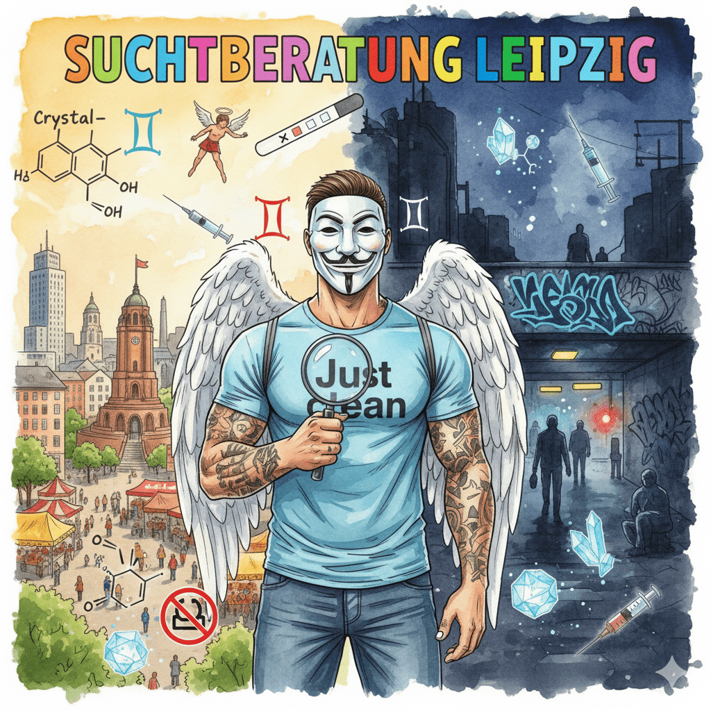 Titelbild "SUCHTBERATUNG LEIPZIG". Die NeelixberliN-Figur hält eine Lupe vor die geteilte Skyline von Leipzig (Uni-Riese vs. Eisenbahnstraße-Drogenszene). Crystal-Meth- und Fentanyl-Symbole sowie ein durchgestrichenes Drugchecking-Symbol schweben im Bild.