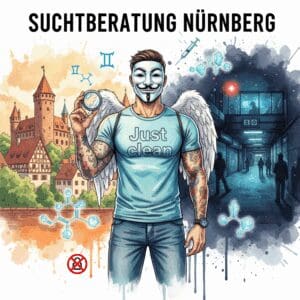 Titelbild "SUCHTBERATUNG NÜRNBERG". Die NeelixberliN-Figur hält eine Lupe vor die geteilte Skyline von Nürnberg (Burg vs. Königstorpassage-Drogenszene). Crystal-Meth- und Fentanyl-Symbole sowie ein durchgestrichenes Drugchecking-Symbol schweben im Bild.