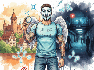 Titelbild "SUCHTBERATUNG NÜRNBERG". Die NeelixberliN-Figur hält eine Lupe vor die geteilte Skyline von Nürnberg (Burg vs. Königstorpassage-Drogenszene). Crystal-Meth- und Fentanyl-Symbole sowie ein durchgestrichenes Drugchecking-Symbol schweben im Bild.