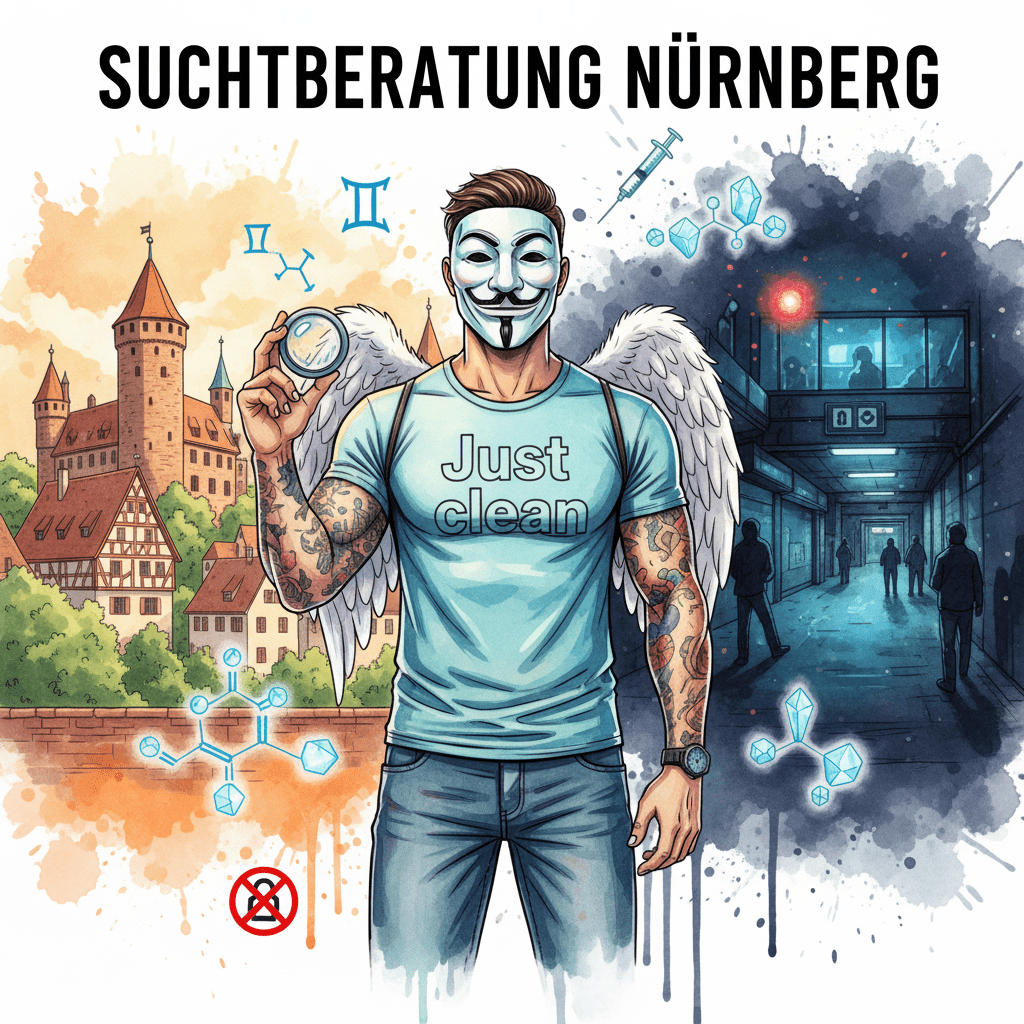 Titelbild "SUCHTBERATUNG NÜRNBERG". Die NeelixberliN-Figur hält eine Lupe vor die geteilte Skyline von Nürnberg (Burg vs. Königstorpassage-Drogenszene). Crystal-Meth- und Fentanyl-Symbole sowie ein durchgestrichenes Drugchecking-Symbol schweben im Bild.