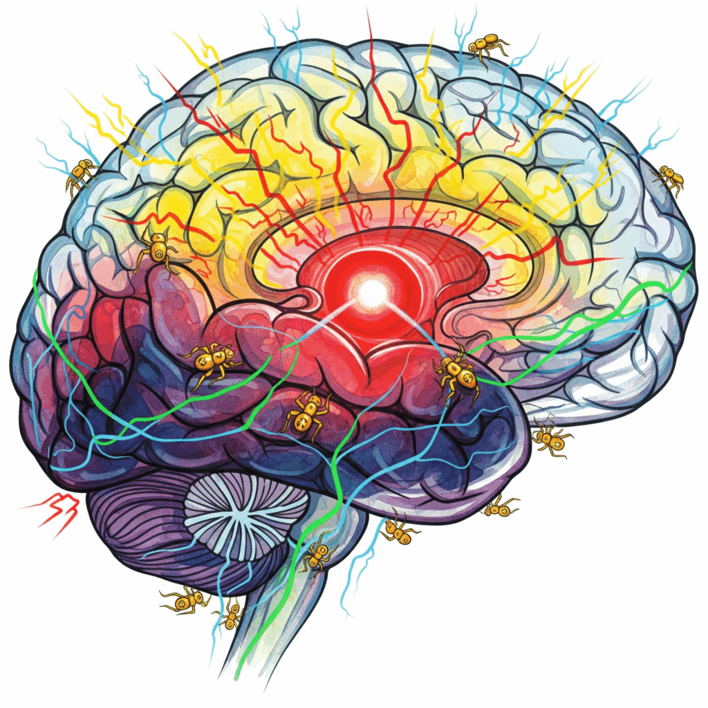 Angst Gehirn Amygdala Performance Angst Neurobiologie Recovery transparentes Gehirn Querschnitt pulsierend Sirene Reparatur-Bots