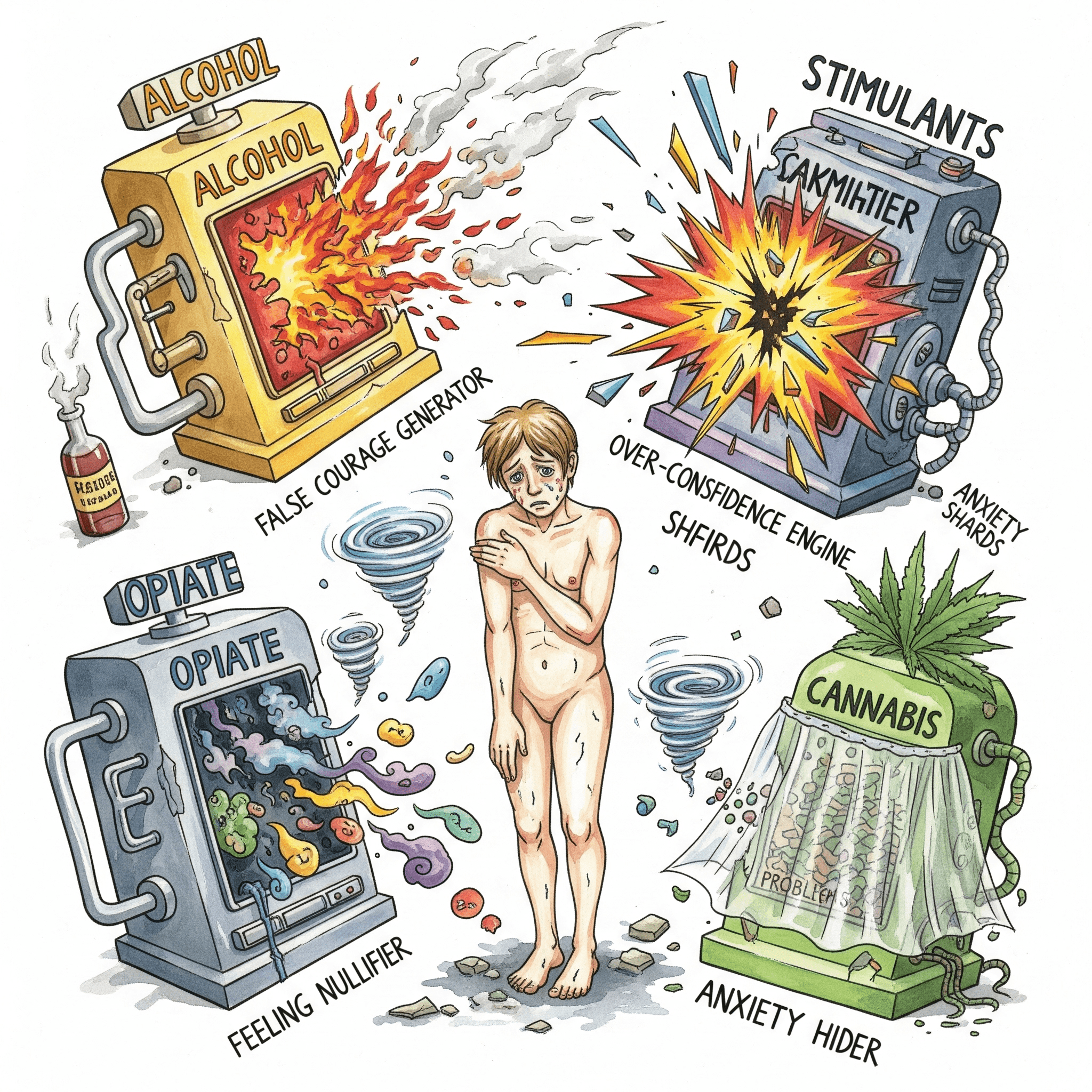 Angst Verstärker Matrix verschiedene Süchte Performance Alkohol Stimulanzien Opiate Cannabis Maschinen zerbrochen ängstliche Figur