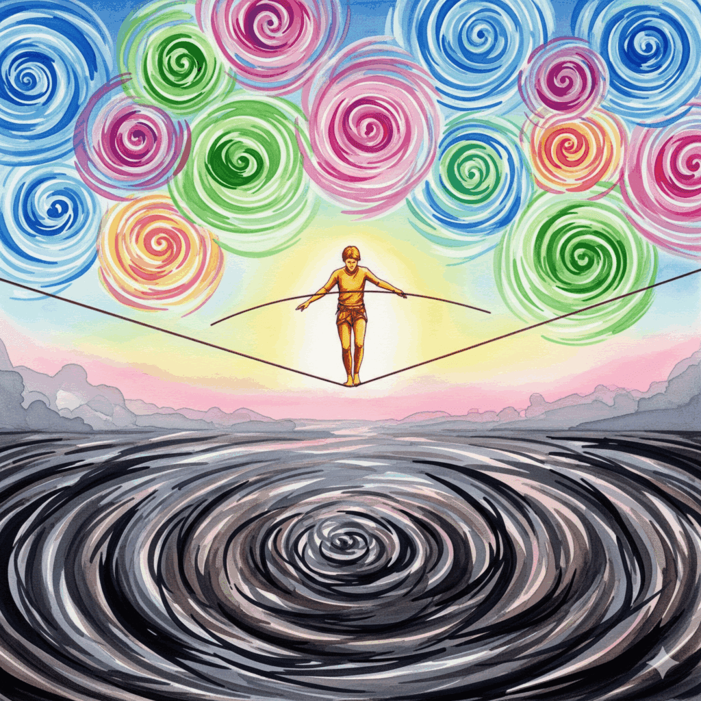 Watercolor-Illustration einer Person auf Seil balancierend, unter ihr chaotische graue Wirbel (destruktive Sensation-Seeking), über ihr kontrollierte bunte Energiewirbel (gesunde Kink-Praxis)