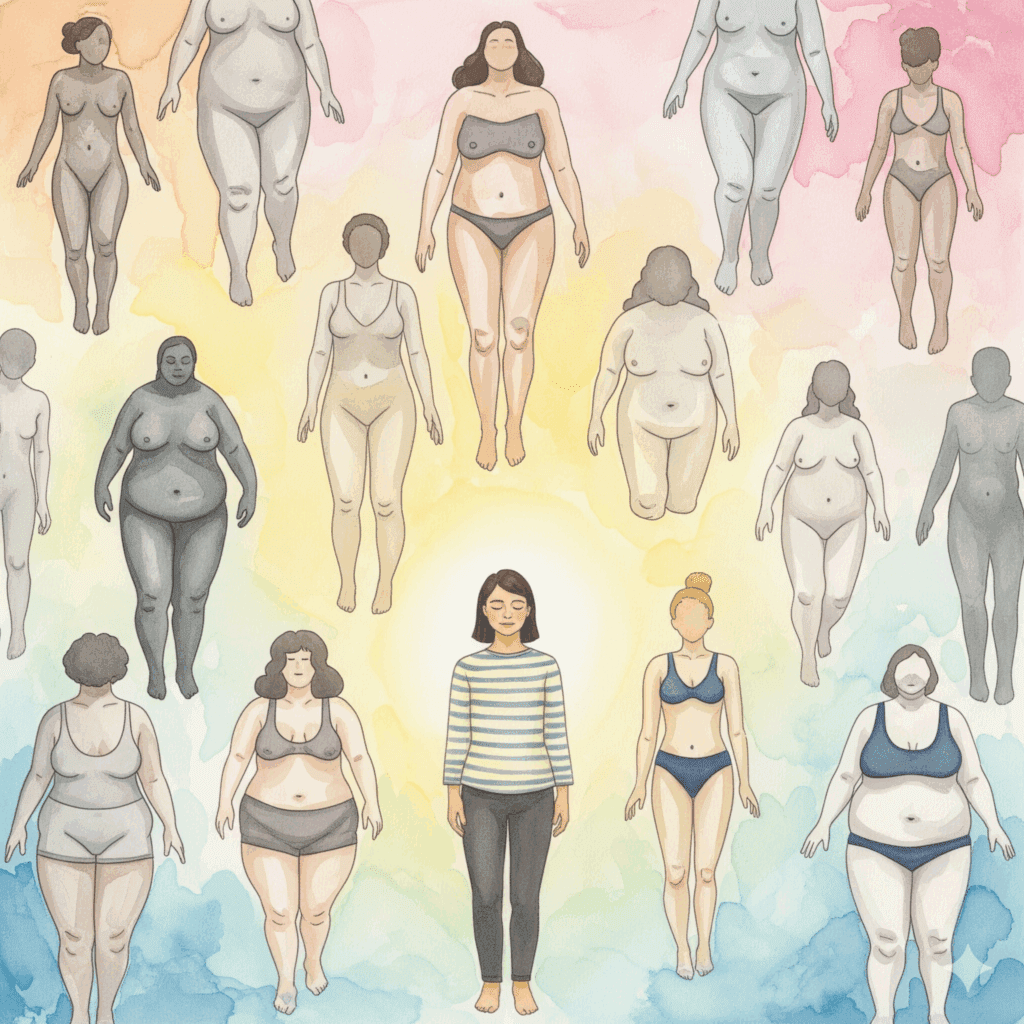 Person mit geschlossenen Augen, umgeben von verschiedenen Körperformen in neutralen Tönen - Body Neutrality Konzept