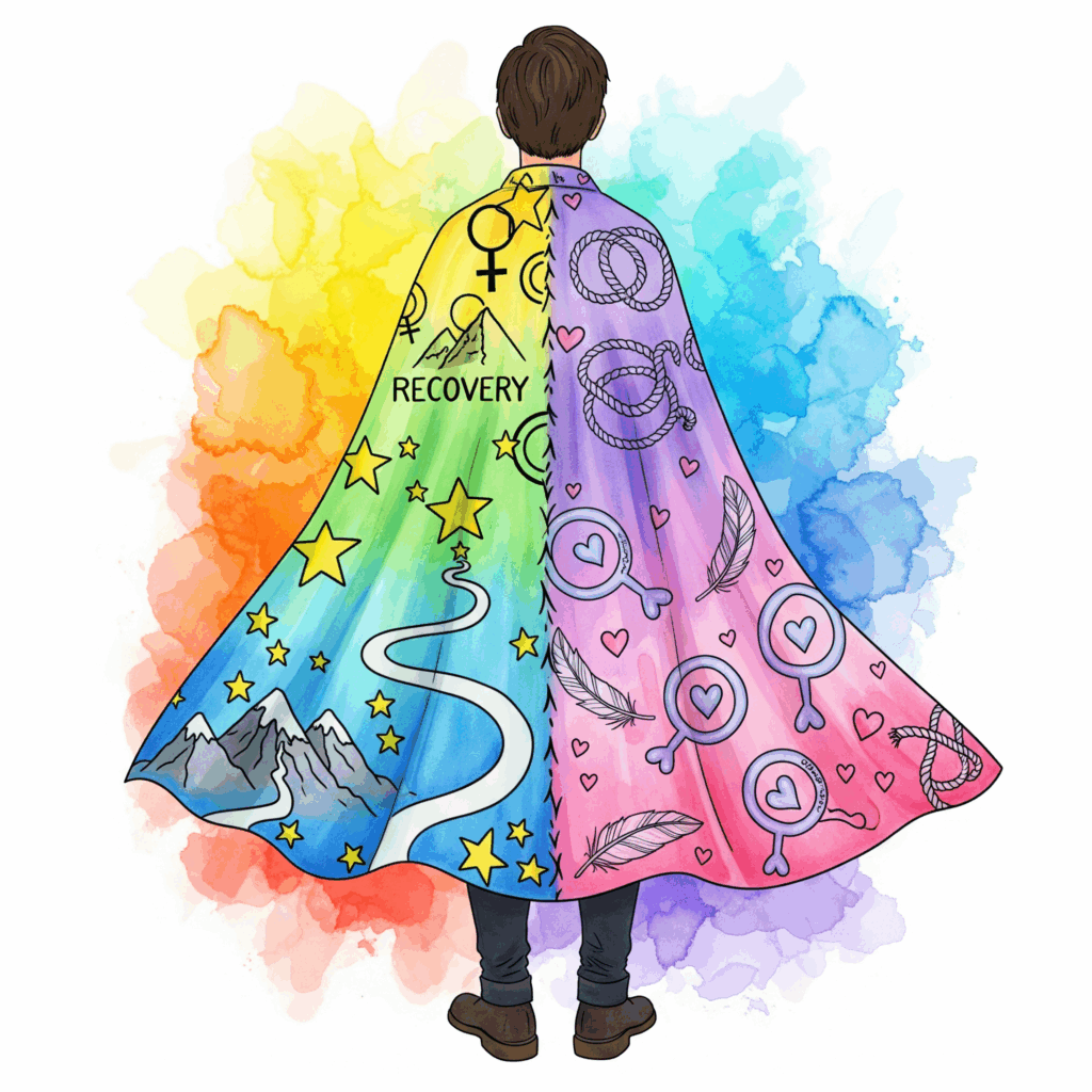 Watercolor-Darstellung einer selbstbewussten Person mit Cape in zwei Mustern: Recovery-Symbole (Sterne, Berge) und Kink-Symbole (Seile, Herzen), beide Seiten fließen harmonisch zusammen