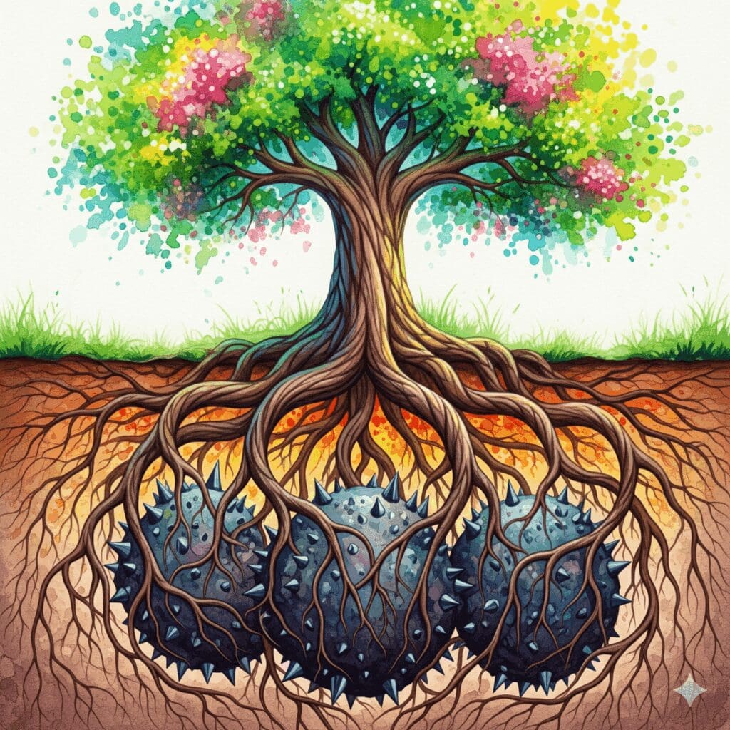 Ein starker Baum, dessen Wurzeln sich um scharfe Felsen winden, als Symbol dafür, wie die Auseinandersetzung mit vergangenem Trauma zu wahrer Stärke führt.