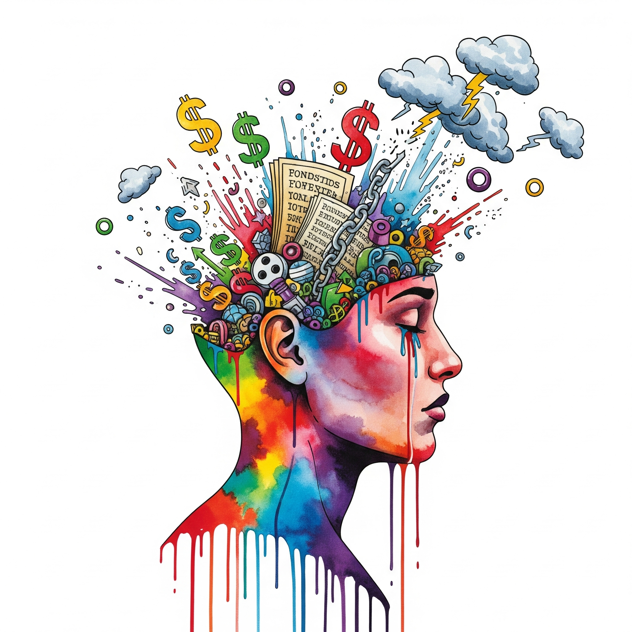 Symbolisches Bild für das Gedankenchaos und die emotionale Überforderung in der frühen Sucht-Recovery, dargestellt in zerfließenden Wasserfarben.