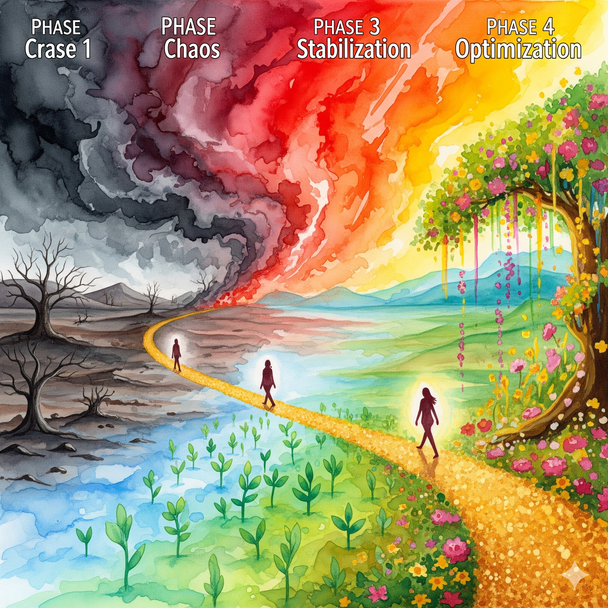 Hormon Heilungs Reise vier Phasen Recovery endokrin System Wüste Sturm Stabilisierung blühender Garten goldener Pfad