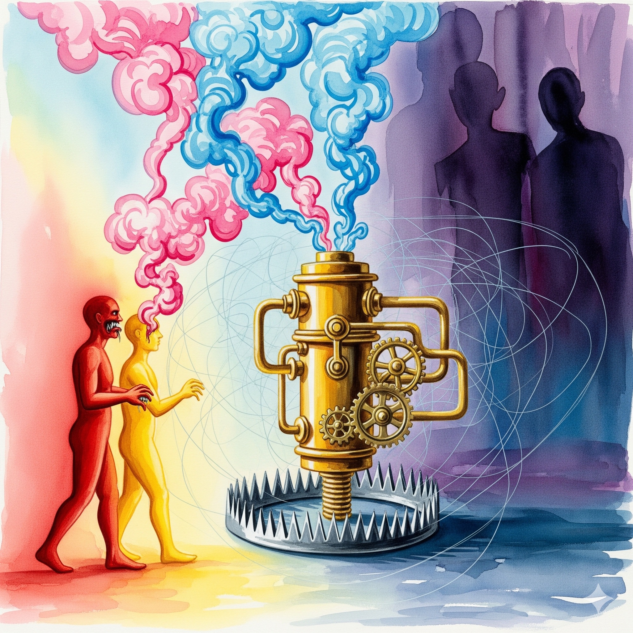 Hormon Sucht Falle Verlockung Gefahr Recovery Vorsicht goldene Maschine rosa blaue Dämpfe unsichtbare Fallen