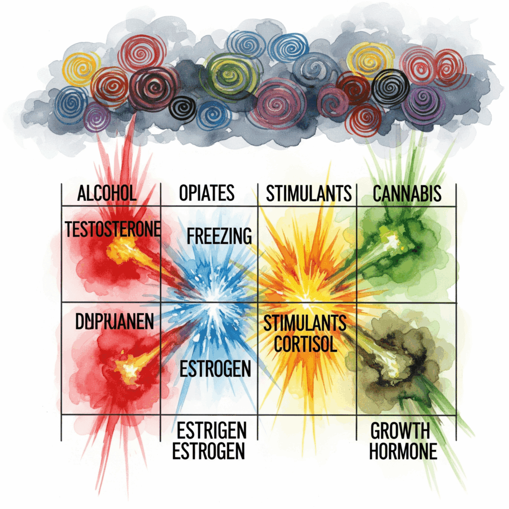 Hormon Zerstörungs Matrix verschiedene Süchte endokrin Alkohol Opiate Stimulanzien Cannabis explosive Kreuzungspunkte