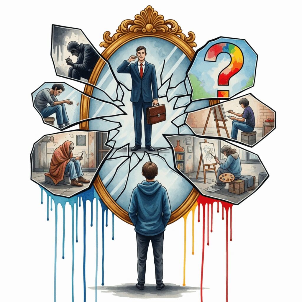 Eine Person blickt in einen zerbrochenen Spiegel, der verschiedene Facetten der eigenen Identität in der Sucht-Recovery zeigt, gemalt in tropfenden Wasserfarben.