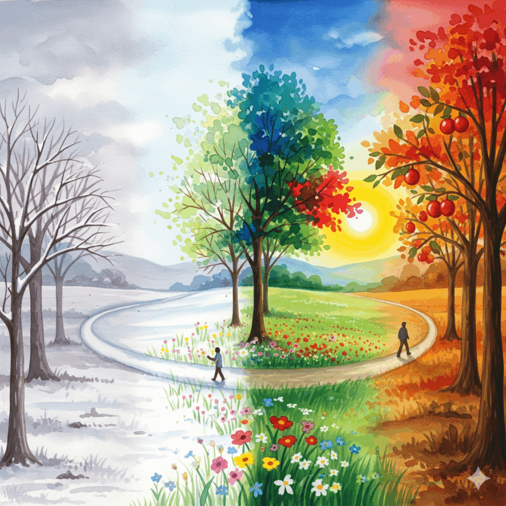 Watercolor-Landschaft durch vier Jahreszeiten: Winter (Verwirrung/grau), Frühling (erste Erkundung), Sommer (Integration), Herbst (Authentizität), Person wandelt durch alle Phasen