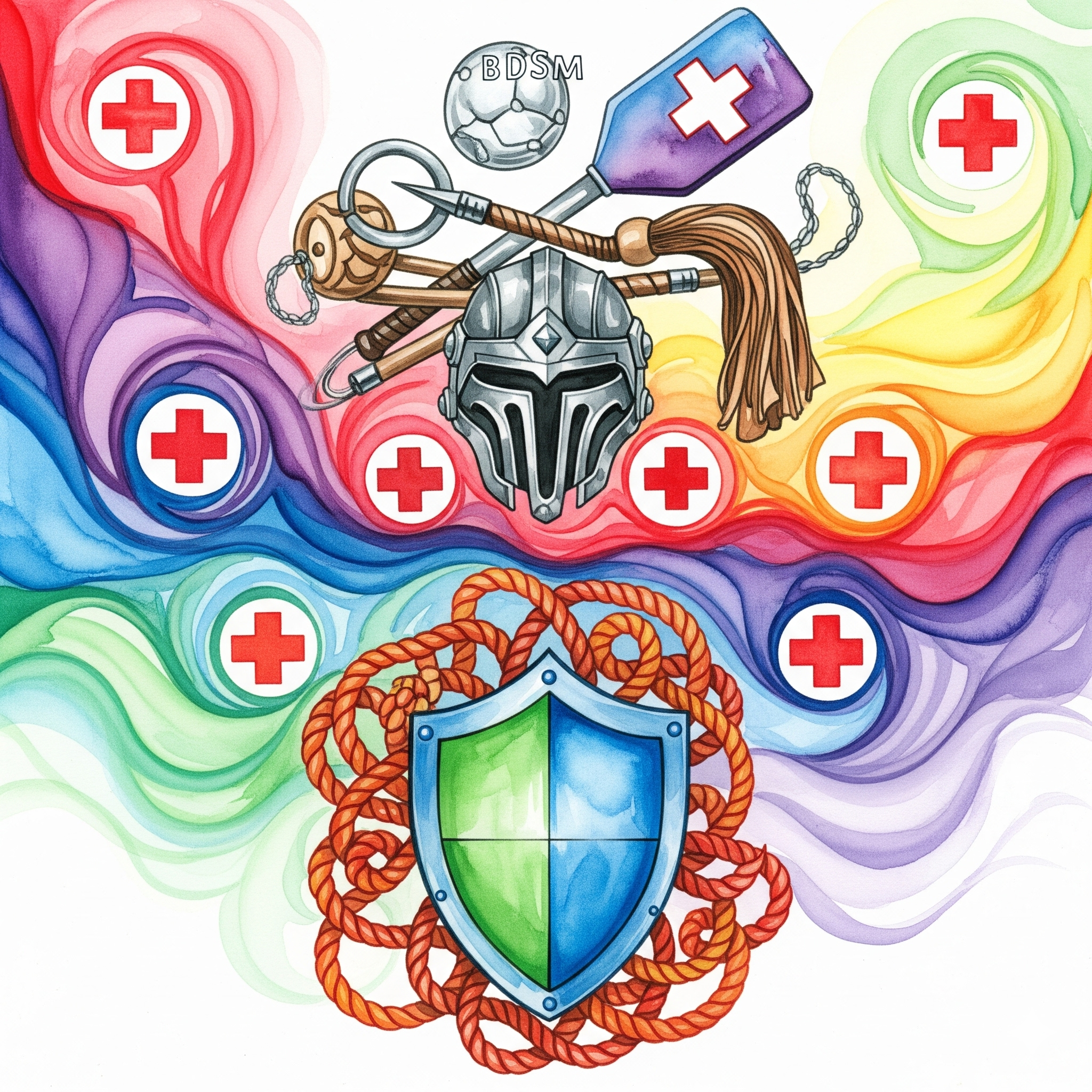 Watercolor-Darstellung verschiedener Schutz-Symbole harmonisch um Kink-Elemente: Schutzschild umgibt Seile, Helm über BDSM-Werkzeugen, Erste-Hilfe-Kreuze in schönen Mustern