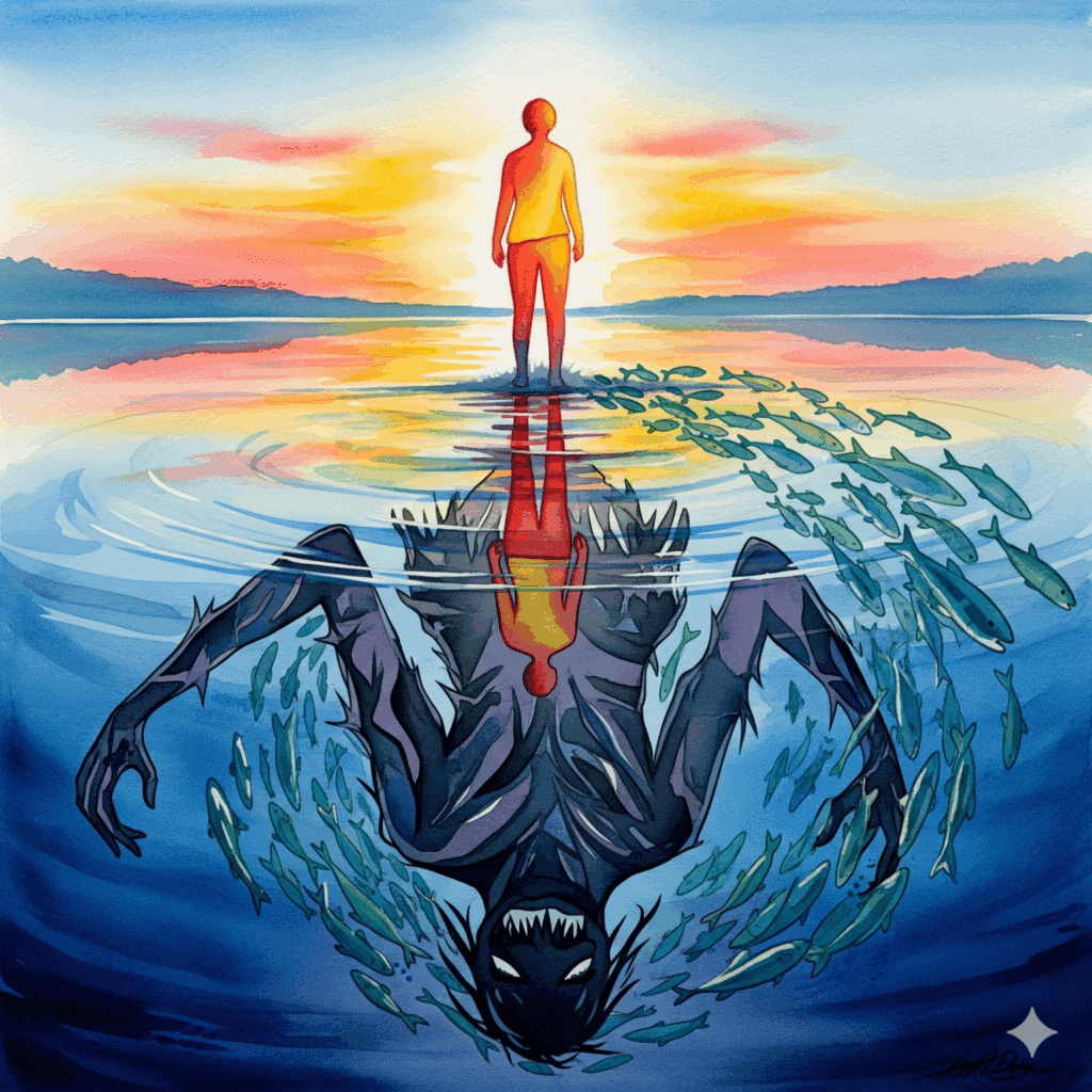 Person spiegelt sich in See aber Spiegelbild ist völlig verzerrt - Körper-Entfremdung in Recovery in Watercolor-Farben