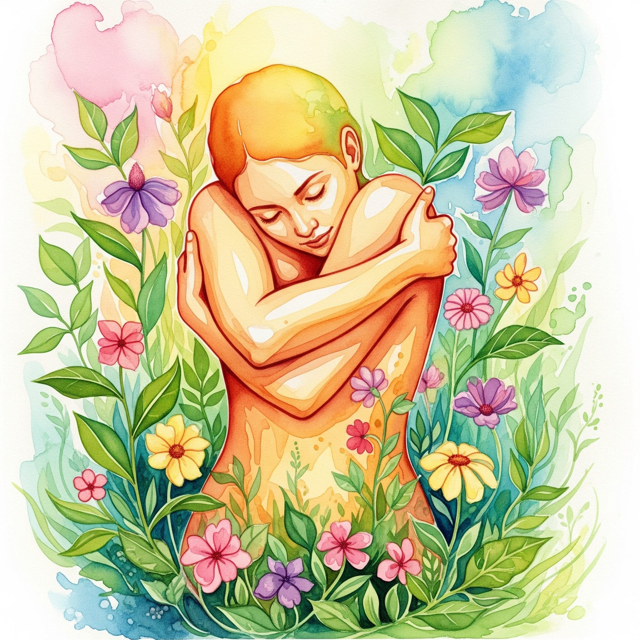 Person umarmt sich selbst liebevoll in goldenen Tönen, umgeben von wachsenden Blumen und Pflanzen