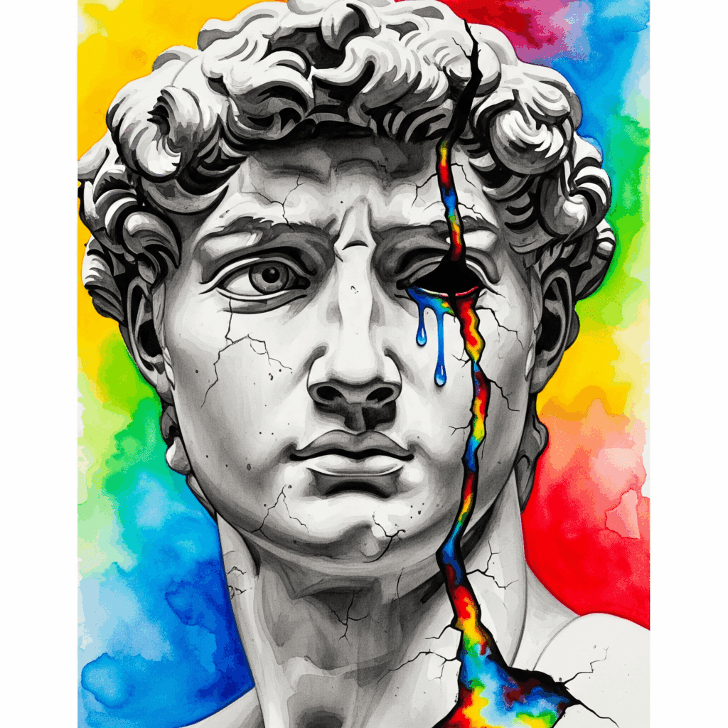 Künstlerische Darstellung des Tabus, dass Männer nicht weinen, gezeigt als eine einzelne bunte Träne, die die steinerne Fassade eines Mannesgesichts aufbricht.