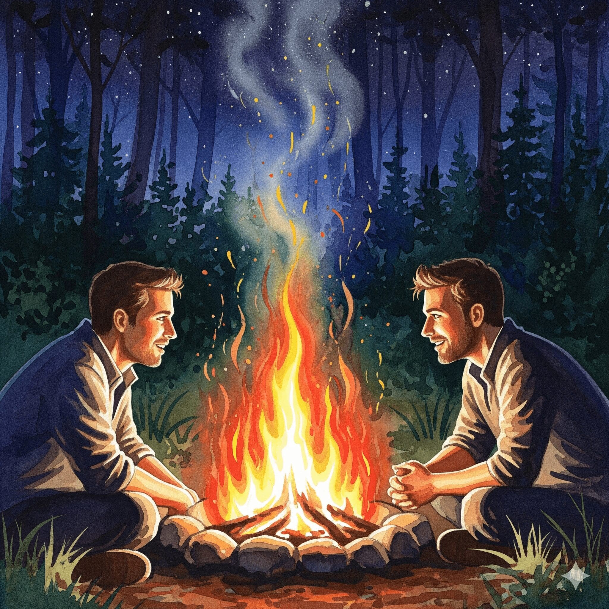 Zwei Männer sitzen an einem Lagerfeuer und reden, als Symbol für einen sicheren Raum und echte, emotionale Intimität in einer Männerfreundschaft.
