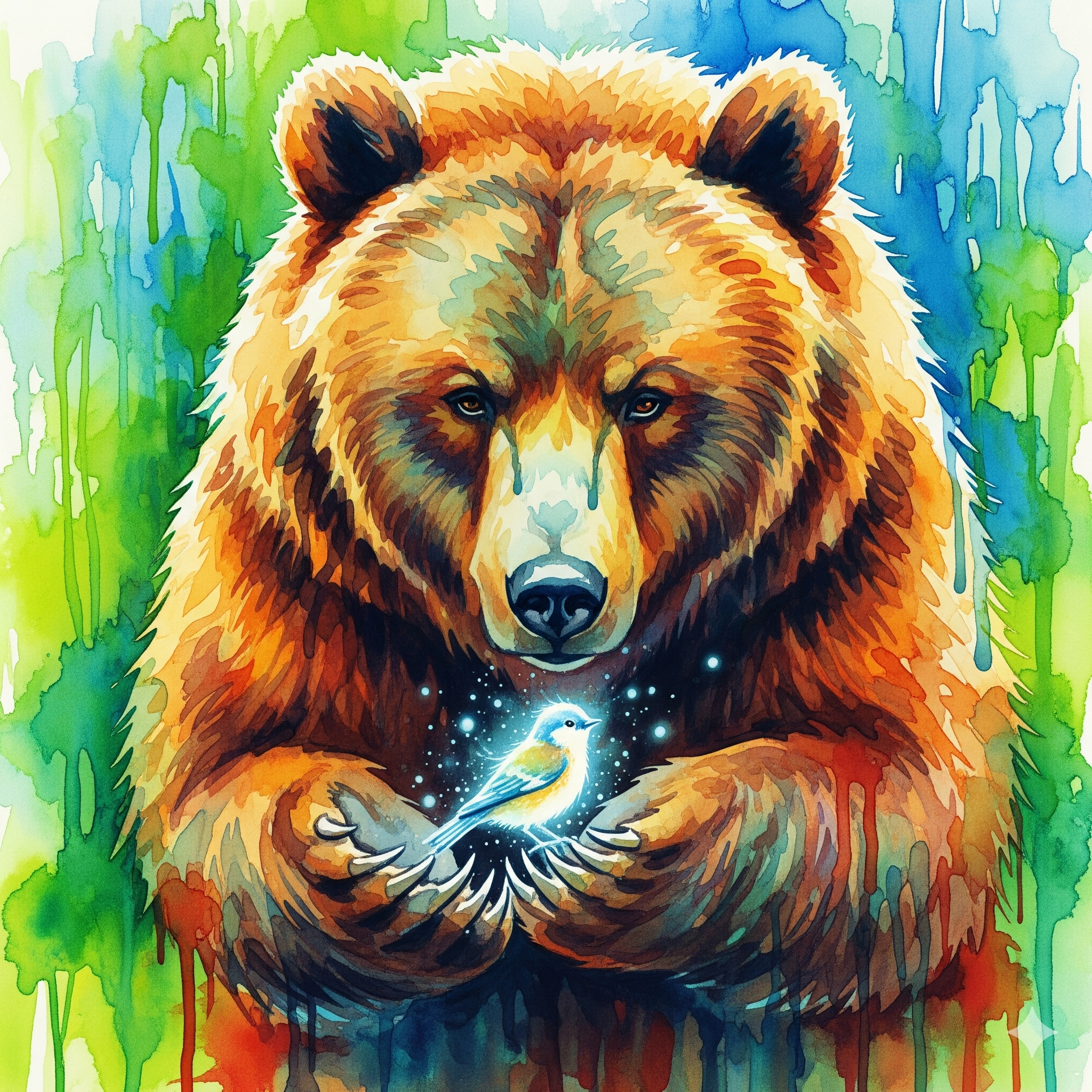 Ein starker Bär, der einen verletzlichen Vogel beschützt, als Symbol für die Integration von Stärke und Verletzlichkeit in gesunder Männlichkeit.