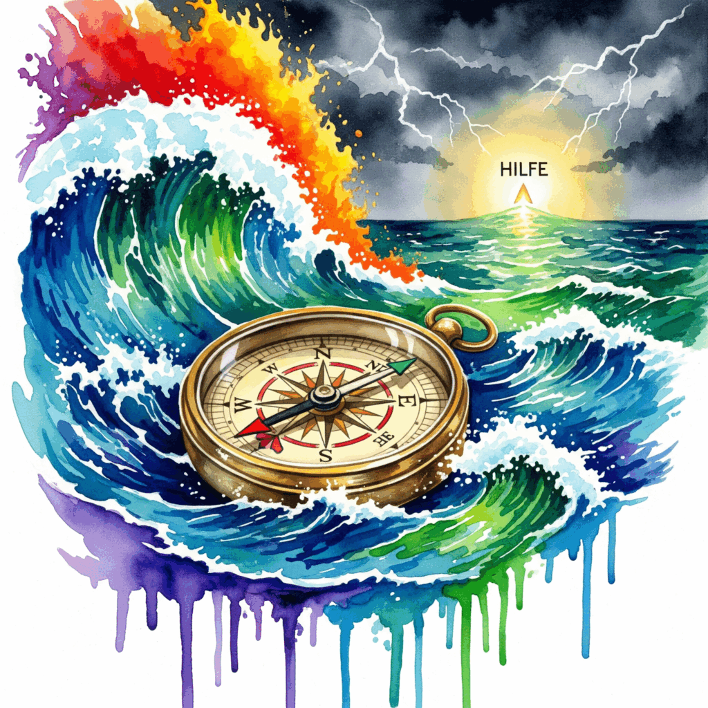 Ein Kompass in einem Sturm, der auf das Wort "HILFE" zeigt, als Symbol für den möglichen Ausweg aus einer psychischen Krise wie der von Mois.