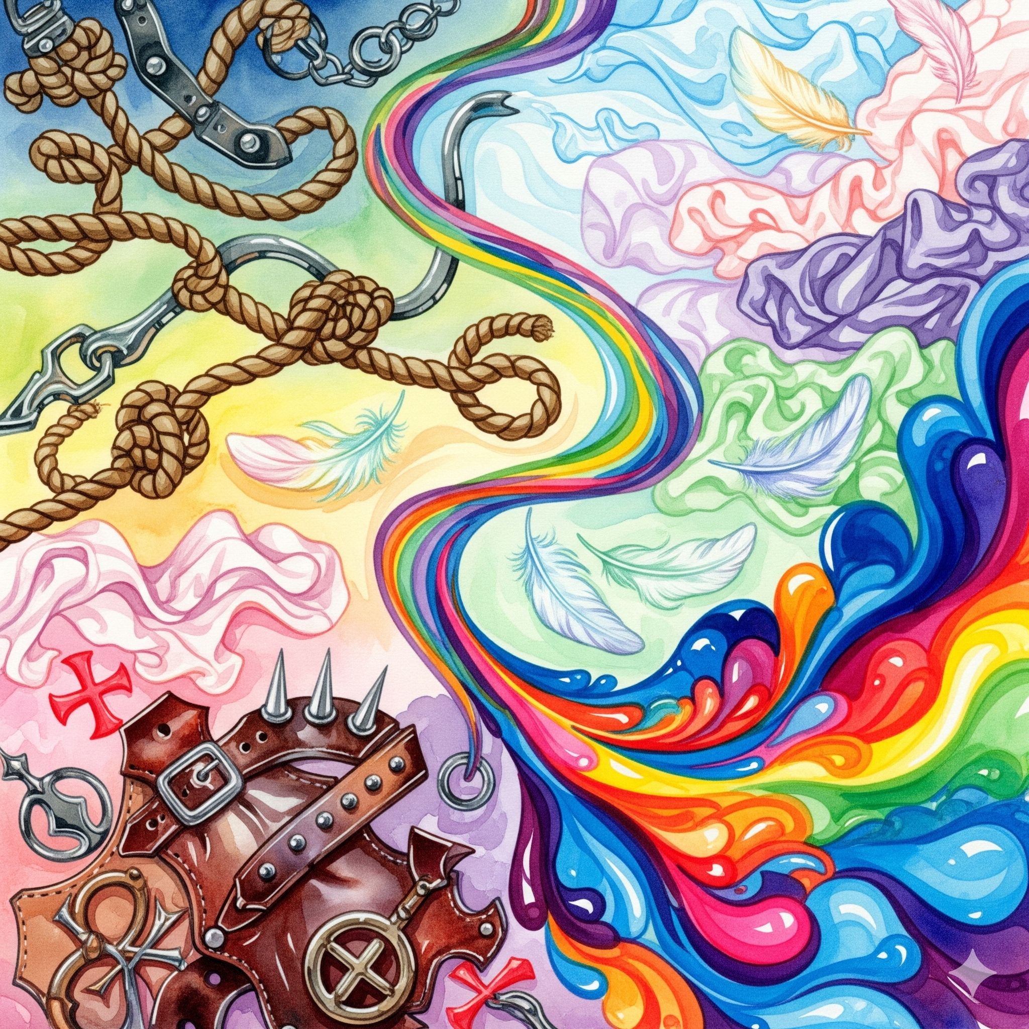 Watercolor-Illustration einer surrealen Landschaft mit verschiedenen Zonen aus Seilen, Leder, Federn und intensiven Farben, durch fließende Pfade verbunden, zeigt Vielfalt sexueller Exploration