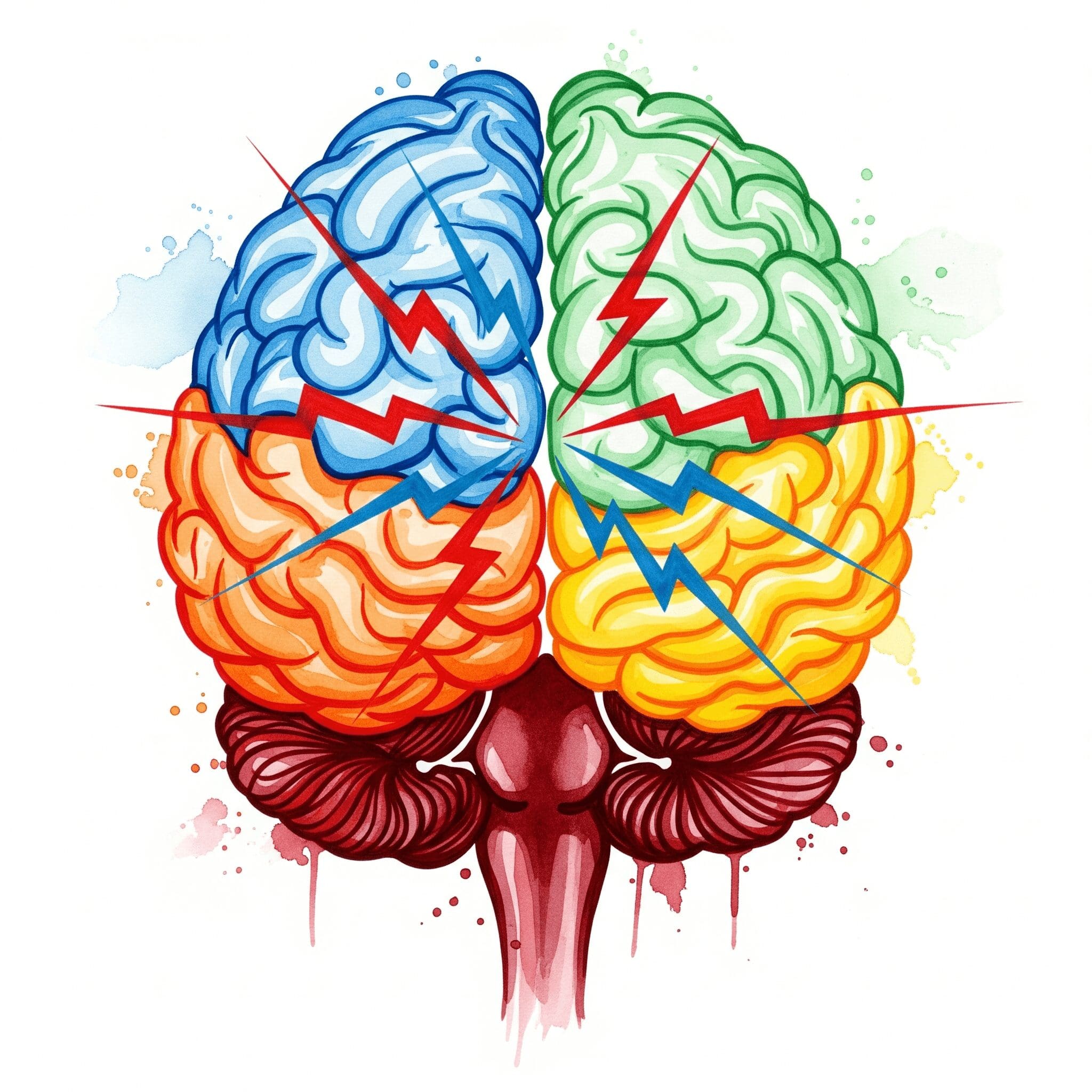 Stilisiertes Gehirn in Watercolor mit farbcodierten Bereichen - rotes Stammhirn, oranges limbisches System, blaue Großhirnrinde, unterbrochene Verbindungen