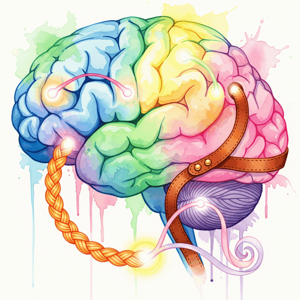 Watercolor-Darstellung eines Gehirns mit leuchtenden bunten Verbindungen in verschiedenen Texturen, manche zeigen Seil-Muster, andere Leder-Texturen, symbolisiert neurologische Normalität von Kinks