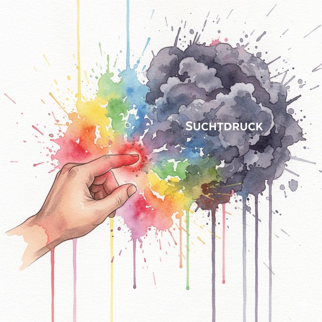 Eine Hand mit einem leuchtenden Ankerpunkt, der beruhigende Wellen aussendet, um eine dunkle Wolke des Suchtdrucks zu vertreiben.