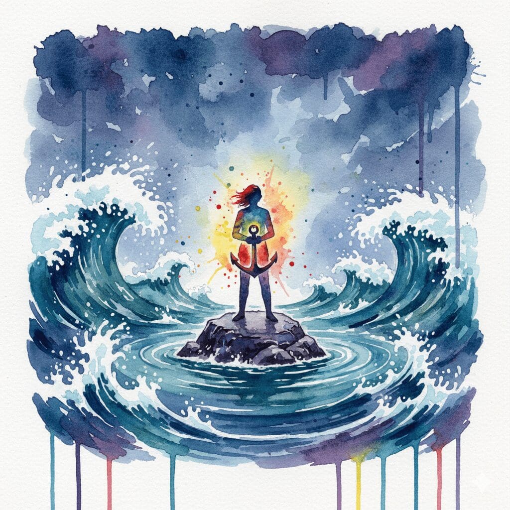 Eine Person, die mit einem leuchtenden Anker stabil in einem Sturm steht, als Symbol für die innere Stärke und Stabilität, die ein NLP-Anker in Krisen bieten kann.