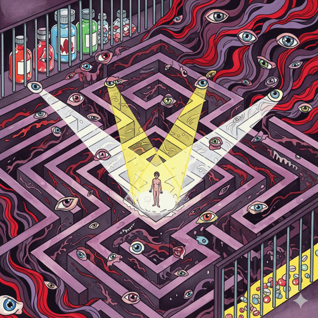 Performance Angst Labyrinth gefangen Recovery Sex nüchterner Mut Angst-Wände pulsierend Scheinwerfer beurteilende Augen