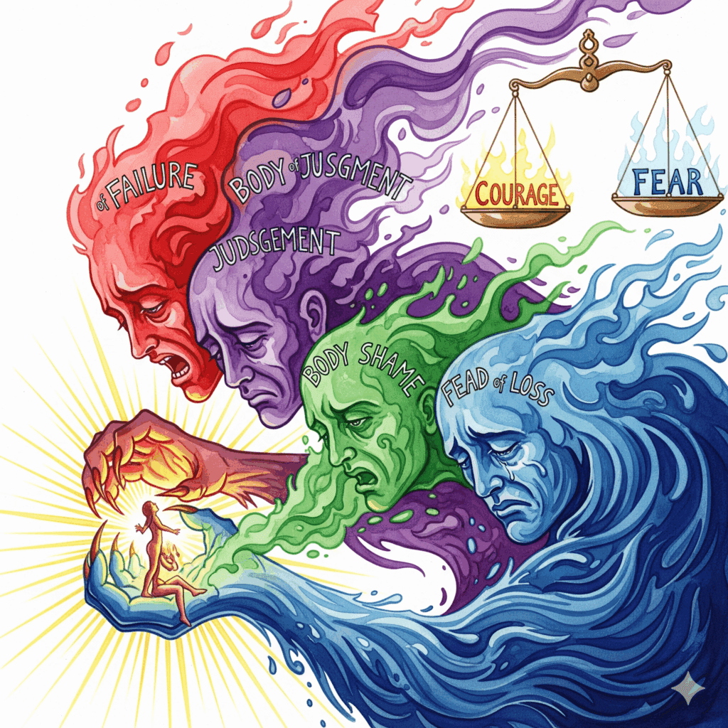 Performance Angst Monster Recovery Mut gegen Angst vielköpfig Versagensangst Bewertungsangst Körper-Scham goldene Lichtstrahlen