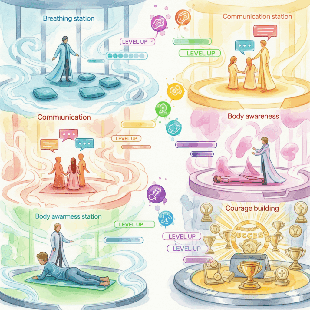 Performance Angst Mut Training praktische Strategien überwinden futuristisches Trainings-Zentrum Atem-Station Kommunikations-Station