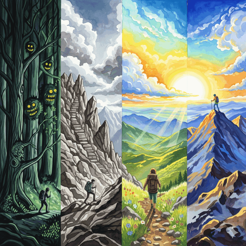 Performance Angst Recovery Reise vier Phasen Bergwanderung dunkler Wald felsiger Aufstieg Hochebene strahlender Gipfel