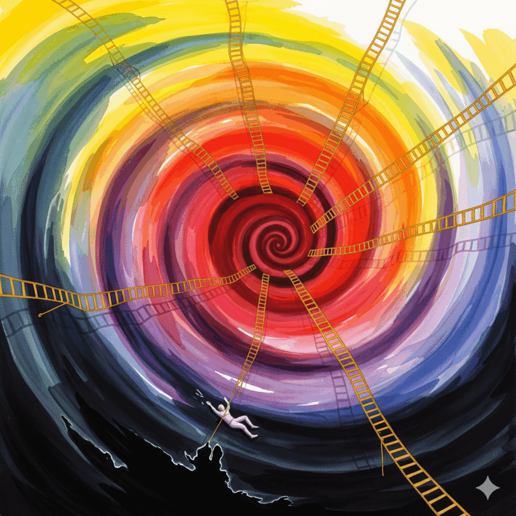 Performance Angst Spirale Abwärtsspirale Ausstieg Recovery Sex nach unten führend Gelb Orange Rot Violett schwarz goldene Rettungsseile