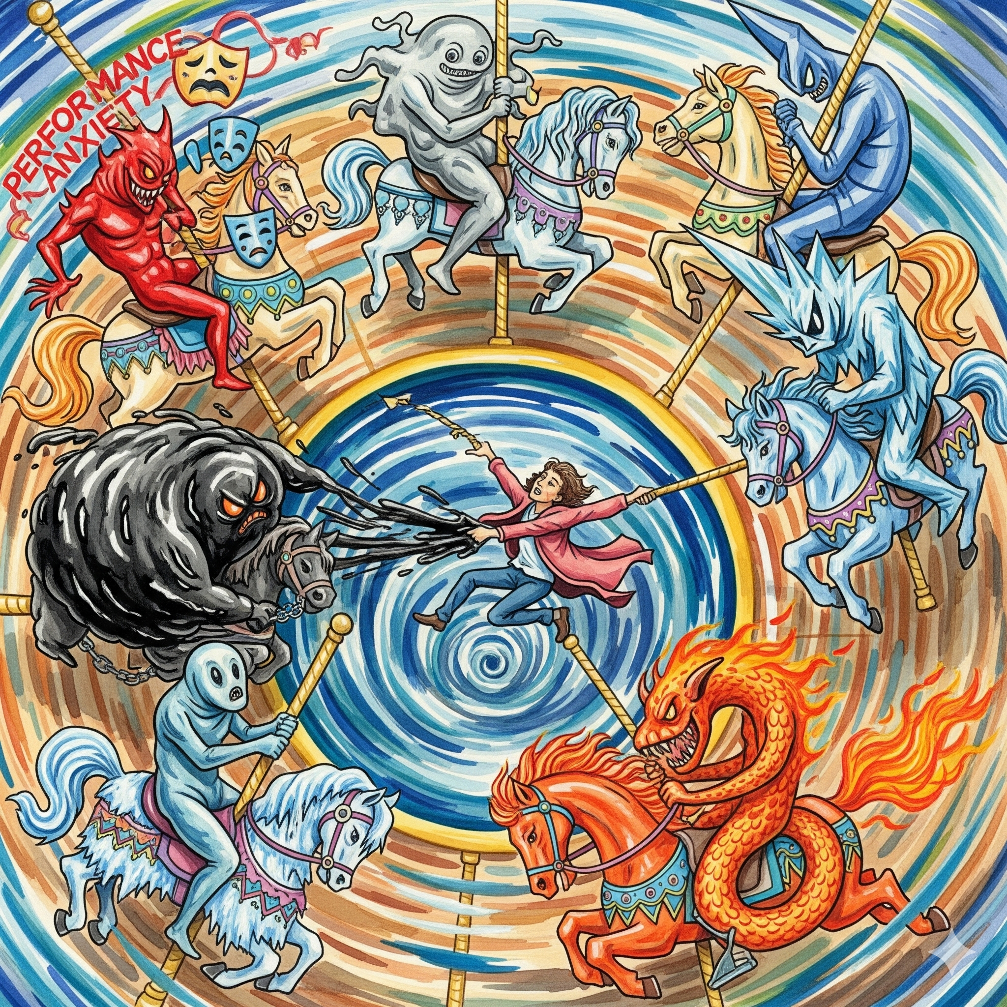 Performance Angst Teufelskreis Karussell Schreckens Vermeidung Monster Karussell-Pferde Zentrifugalkraft Strudel hilflose Figur