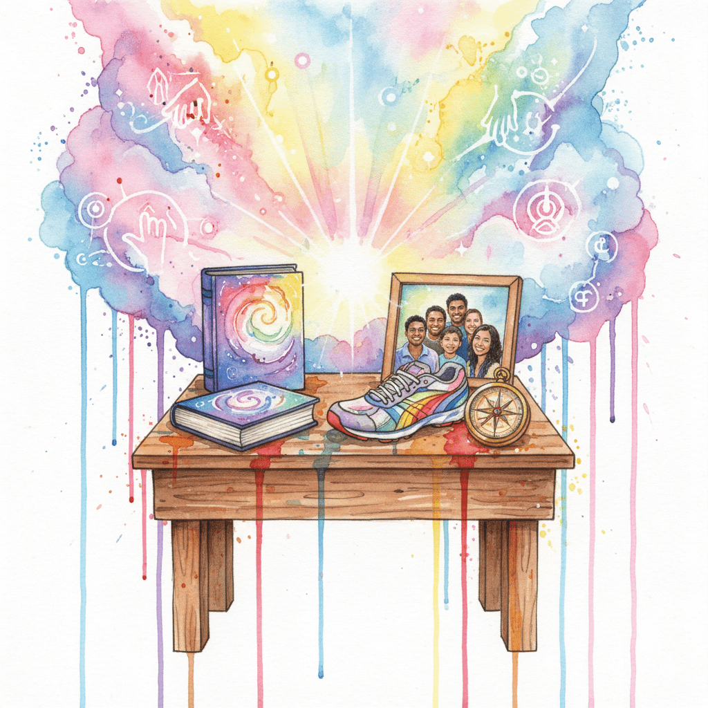 Ein persönlicher Altar mit weltlichen Symbolen für eine individuelle Spiritualität, gemalt in bunten Watercolor-Farben.